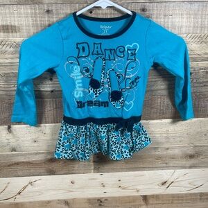 Kidgets Girls 3T Dance Smile Dream Shirt Blue Leopard Bow Peplum Long Sleeve Top